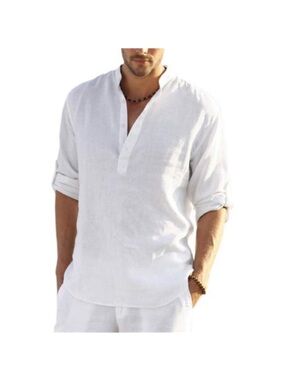 Men's White Cotton Linen Henley T-Shirts Long Sleeve Hippie Casual Beach